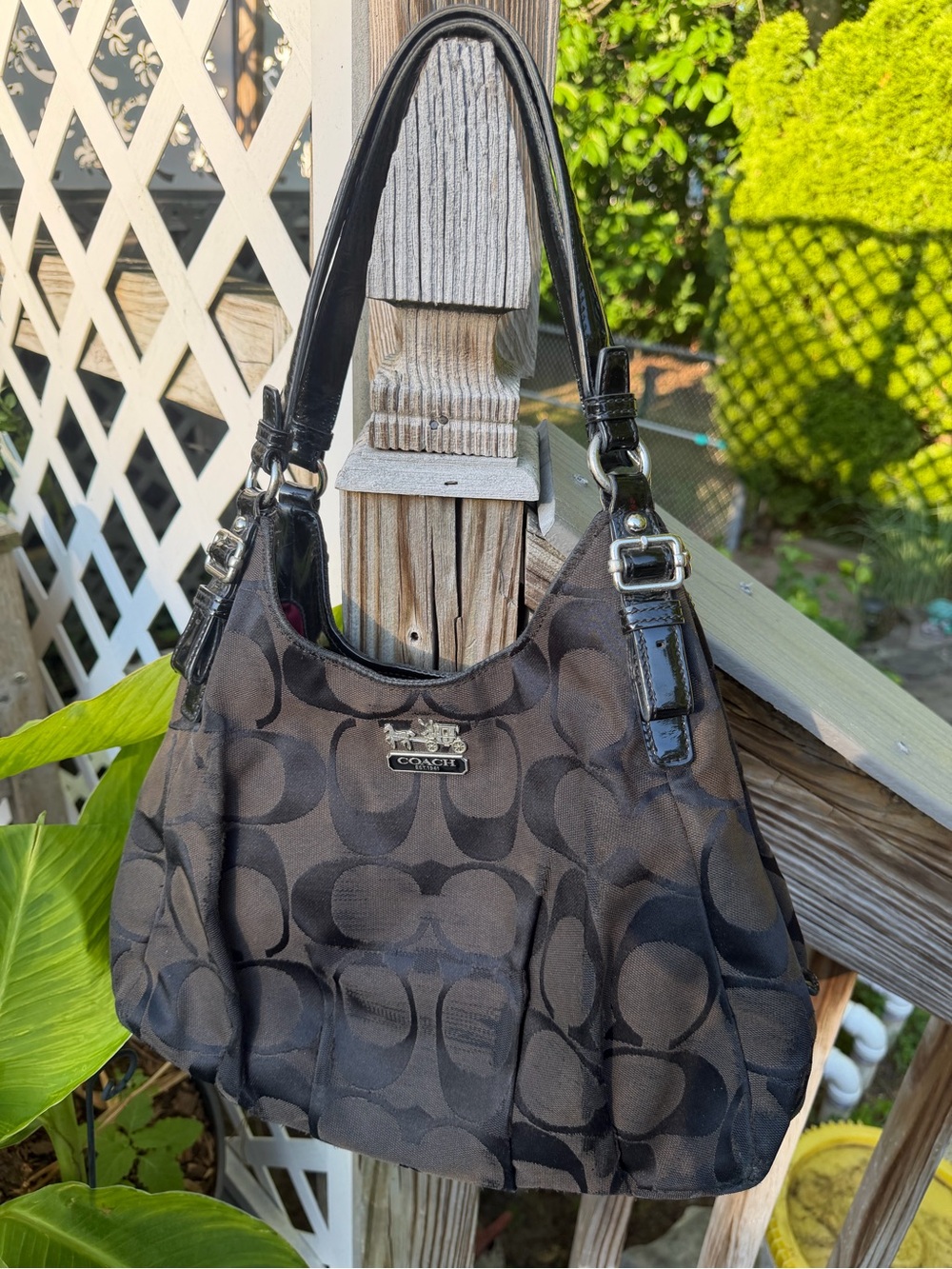 Coach Black Signature 'C' Logo Shoulder Bag with Patent Trim